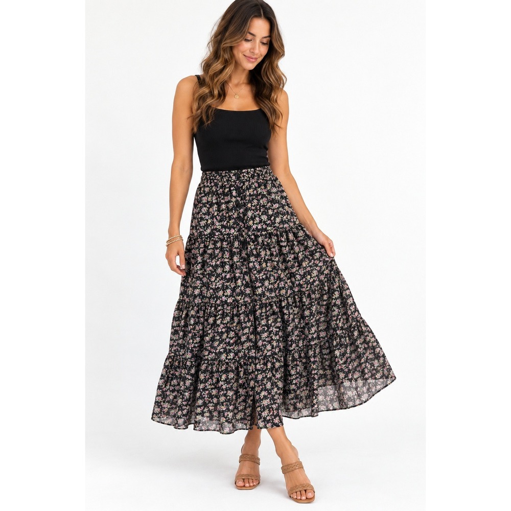 Lulus Floral Maxi Skirt Womens M Cottagecore Boho Tiered Button Front Black